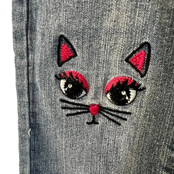 Betsey Johnson Girls Jeans Size 7 Embroidered Cats Light Wash Denim Novelty Fun - Picture 4 of 7